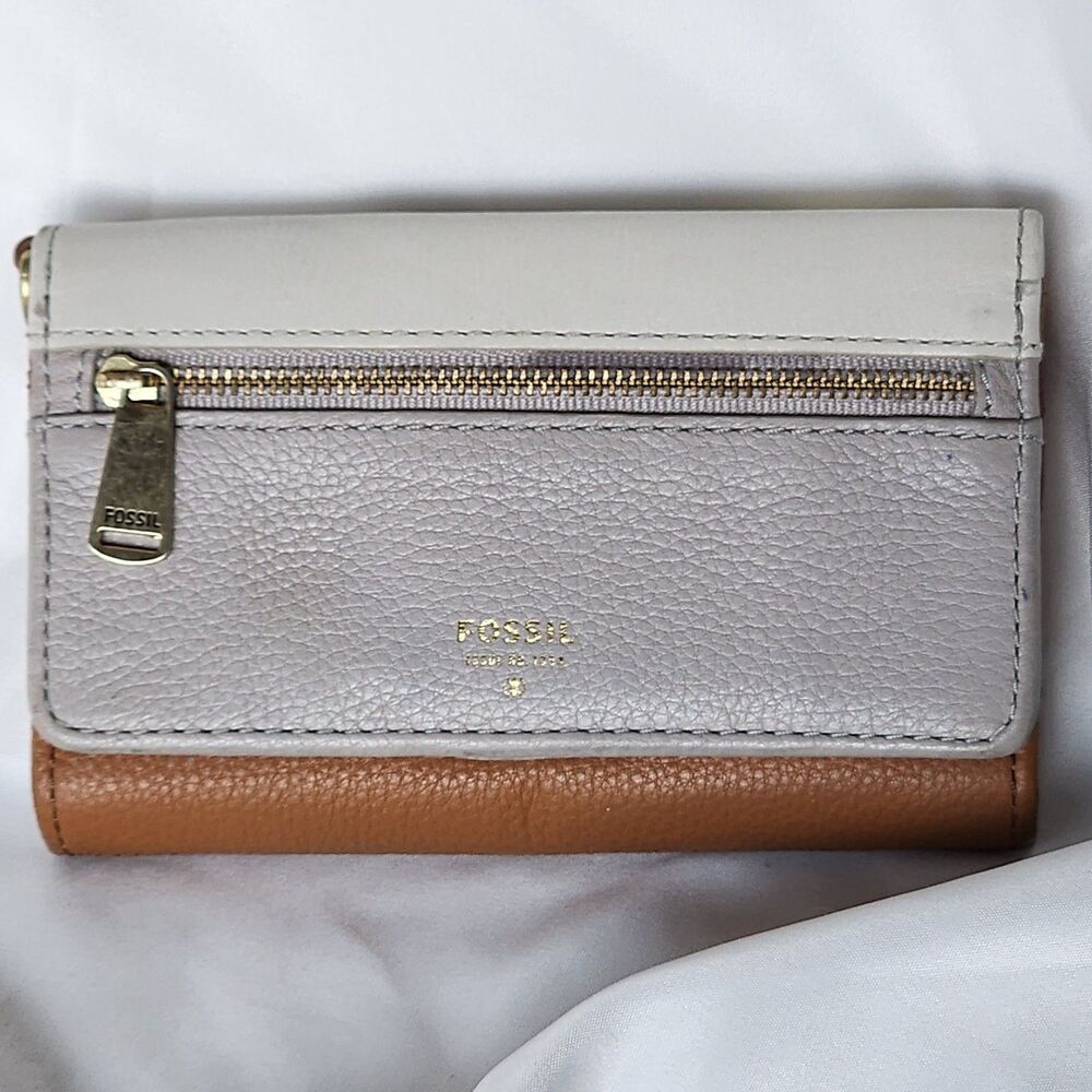 Fossil Preston Flap Tri-Color Leather Wallet Tan White Gray Cowhide Trifold